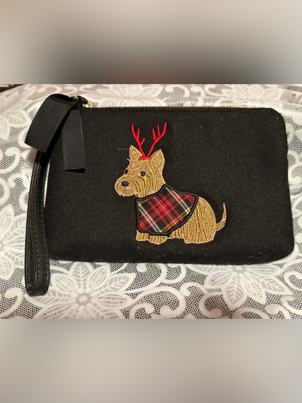 Talbots Black Holiday "Dog Reindeer" Wristlet or Bag. New without tags